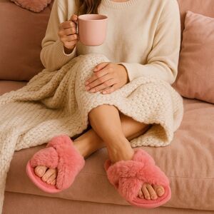 Nine West Pink Faux Fur Criss Cross Slippers 9-10 Cozy Plush House Shoes Balletc